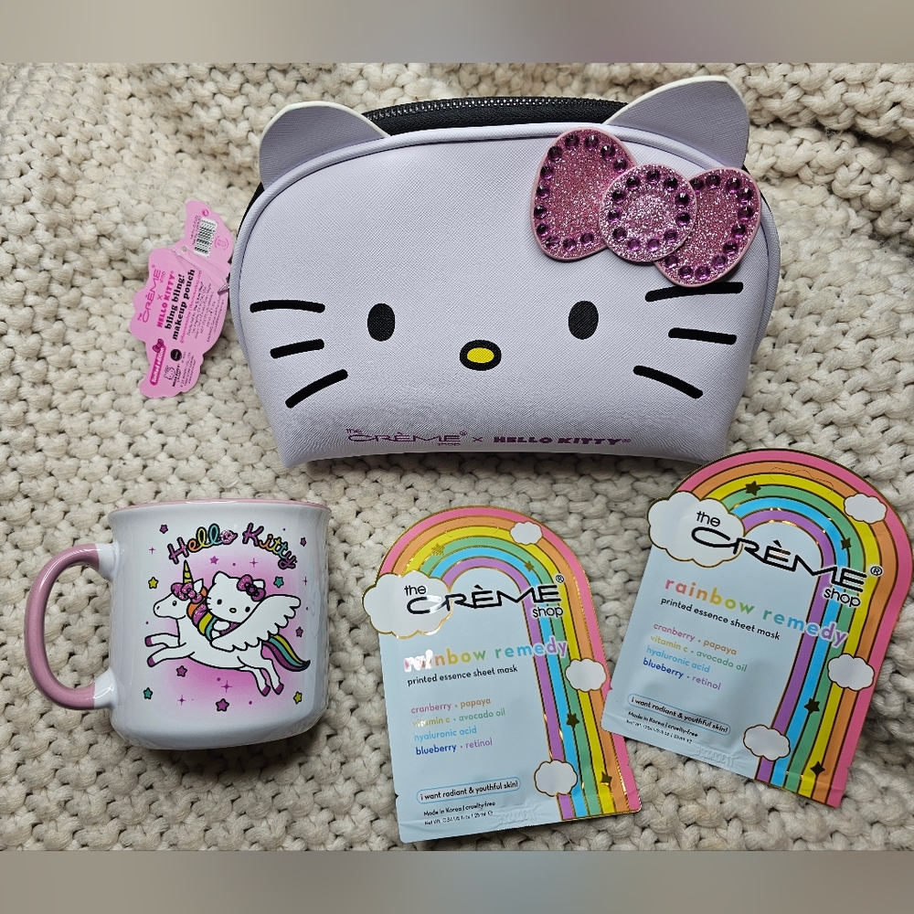 NWT Hello Kitty Bundle Pink Bling Makeup Bag, Unicorn Mug & Beauty Face Masks